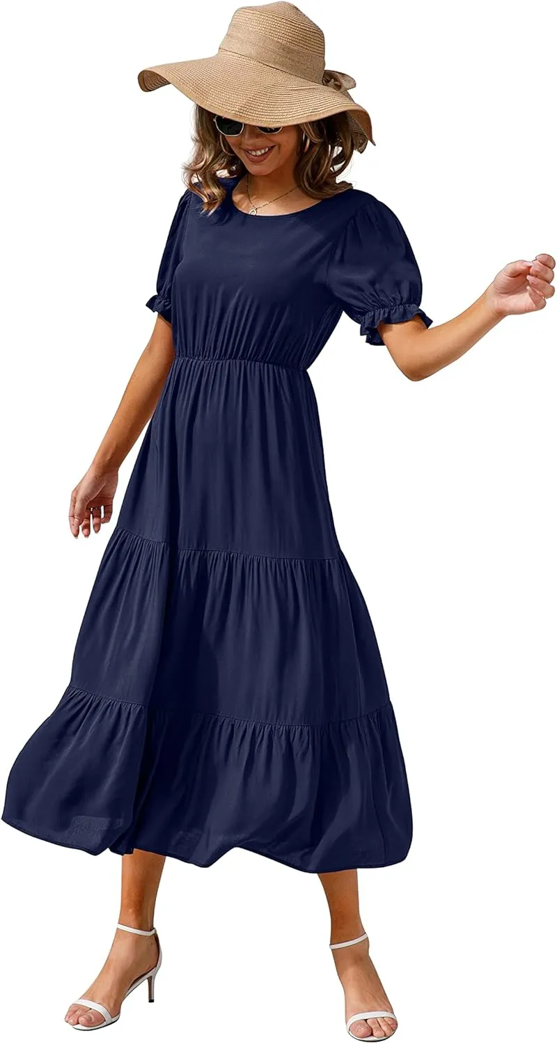 GRECERELLE Women's 2025 Spring Summer Casual Loose Round Neck Boho Dress Ruffle Puff Sleeve High Waist Midi Dress