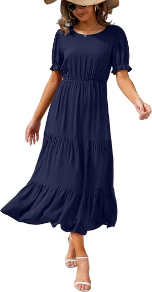 GRECERELLE Women's 2025 Spring Summer Casual Loose Round Neck Boho Dress Ruffle Puff Sleeve High Waist Midi Dress