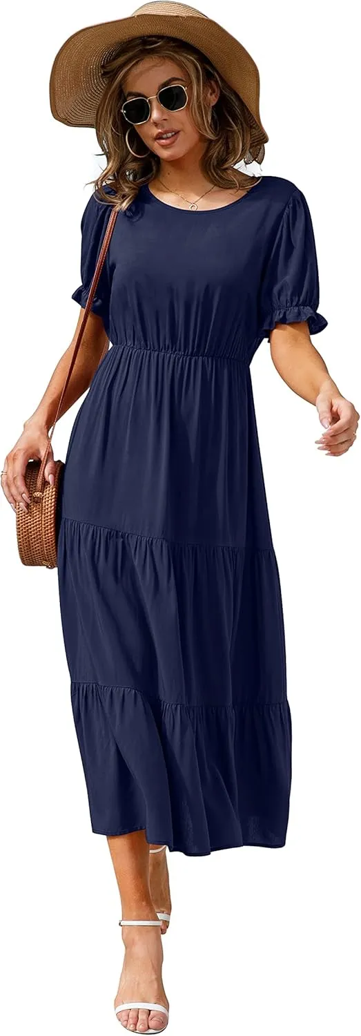 GRECERELLE Women's 2025 Spring Summer Casual Loose Round Neck Boho Dress Ruffle Puff Sleeve High Waist Midi Dress