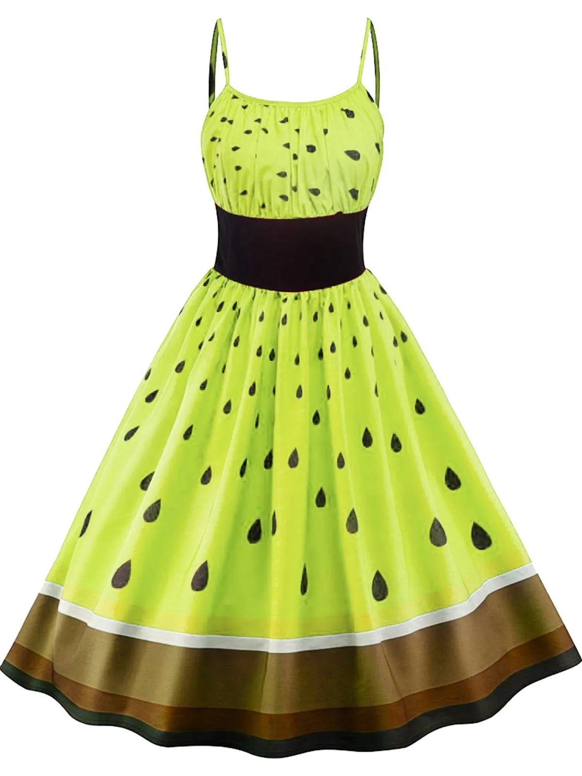 Green 1950s Fruit Spaghetti Swing Dress