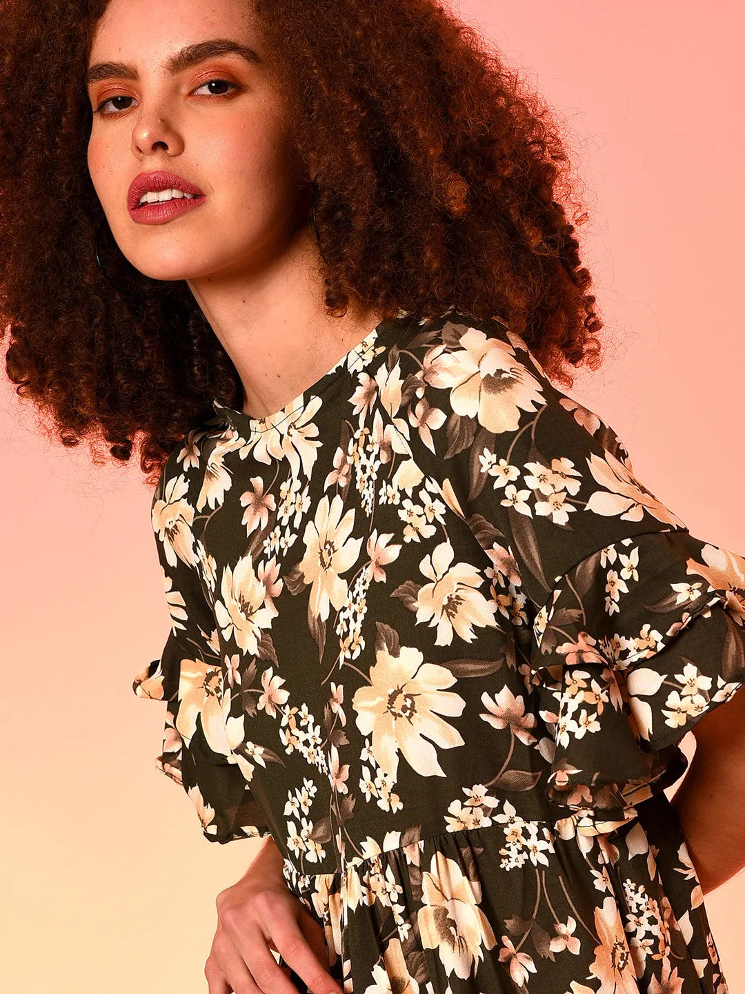 Green & Beige Floral Print Tiered Dress