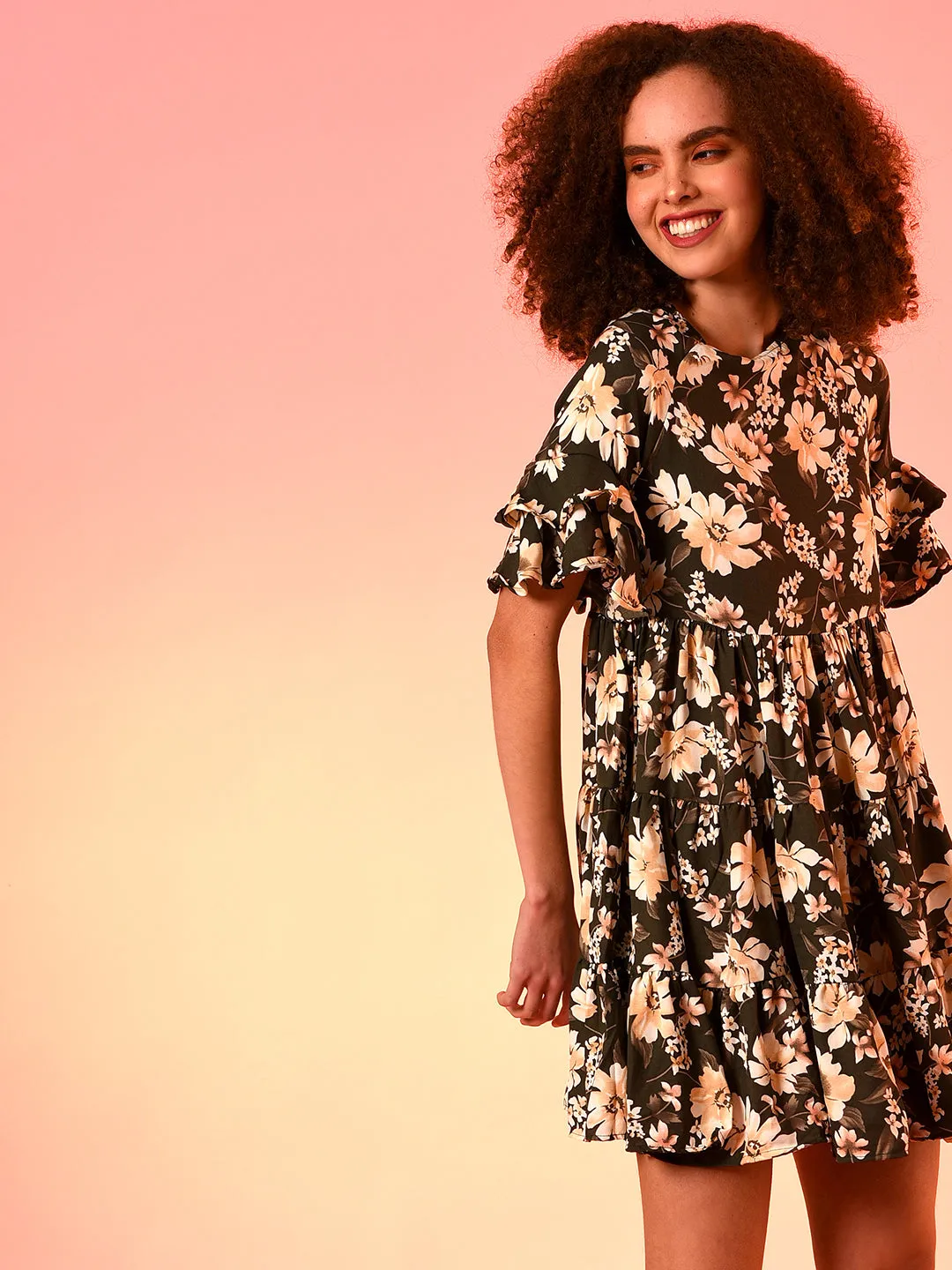 Green & Beige Floral Print Tiered Dress