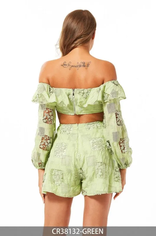 GREEN OFF SHOULDER CUT-OUT WAIST LACE DETAILED ROMPER CWCR38132