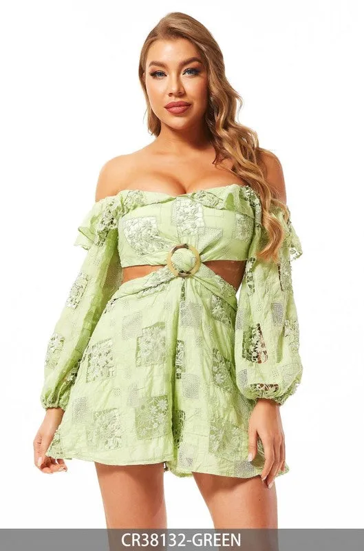 GREEN OFF SHOULDER CUT-OUT WAIST LACE DETAILED ROMPER CWCR38132