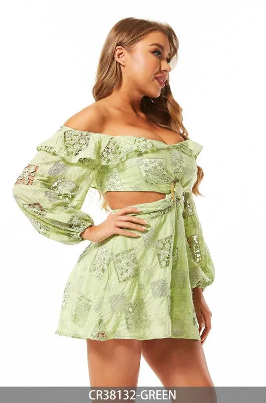 GREEN OFF SHOULDER CUT-OUT WAIST LACE DETAILED ROMPER CWCR38132
