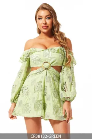 GREEN OFF SHOULDER CUT-OUT WAIST LACE DETAILED ROMPER CWCR38132
