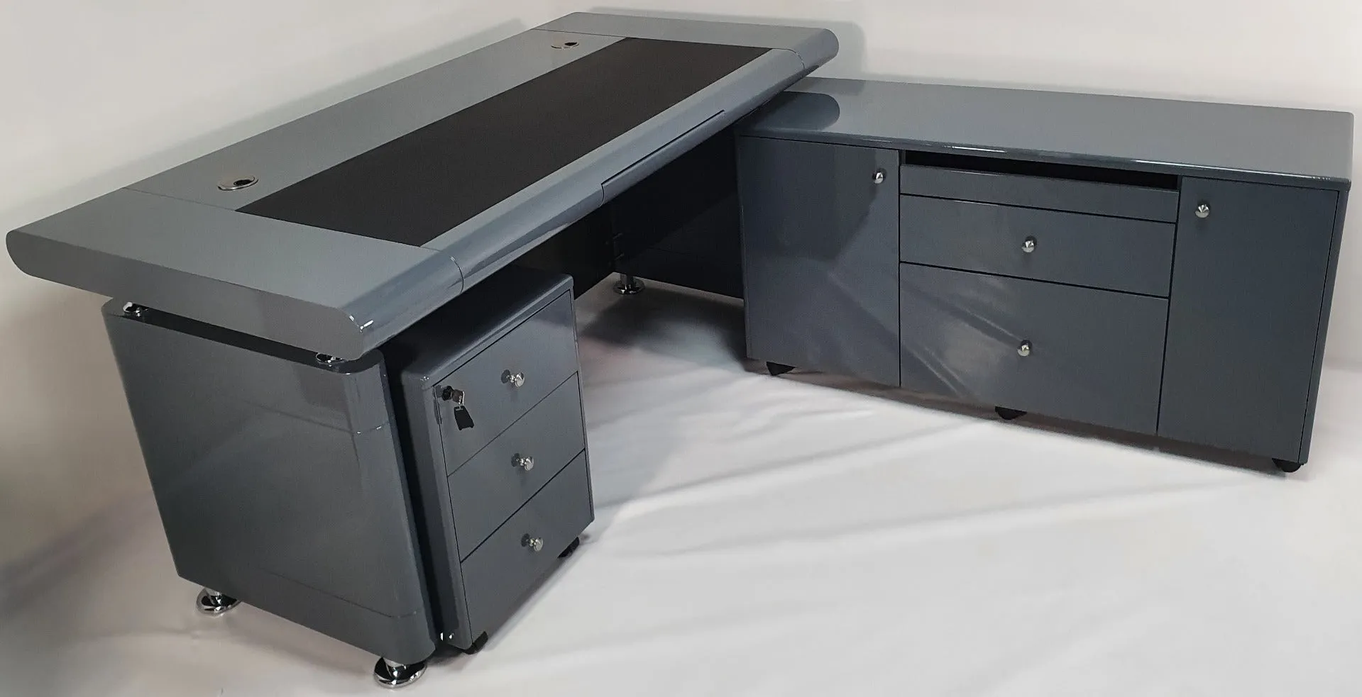 Grey Gloss Executive Office Desk with Pedestal and Return - 1600mm or 1800mm - 1861-GREY