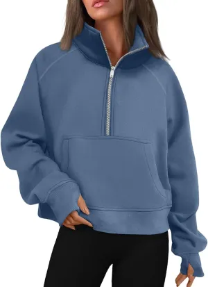 Half Zip Sweatshirt Women Fleece Thumb Hole Cropped Sweatshirts Stand Collared Loose Fit Plain Zip Up Pullover Tops