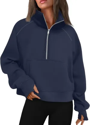 Half Zip Sweatshirt Women Fleece Thumb Hole Cropped Sweatshirts Stand Collared Loose Fit Plain Zip Up Pullover Tops