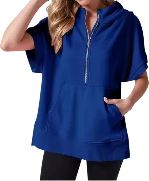 Half Zip Sweatshirt Women Oversized Short Sleeve Hoodies Casual Pullover Tops Loose Fit Summer Shirts with Pockets