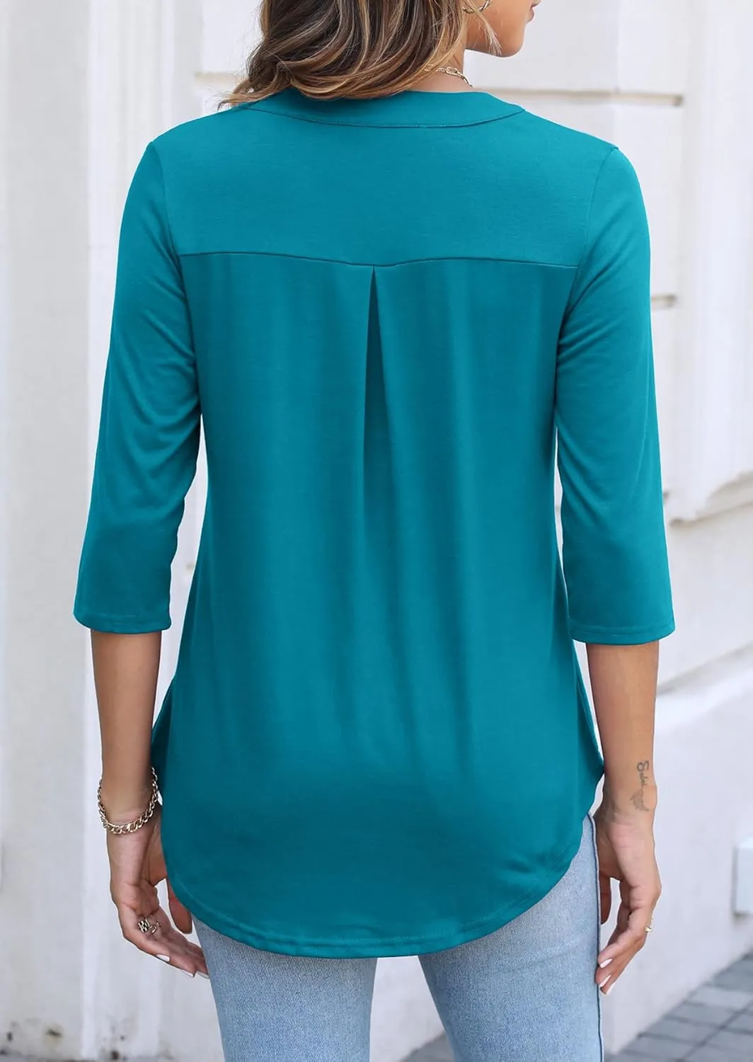 Halife Women's 3/4 Length Sleeve V Neck Flowy Tunic Blouses Work Tops Shirts with Zippers