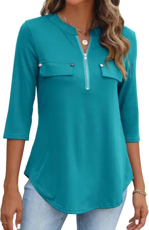 Halife Women's 3/4 Length Sleeve V Neck Flowy Tunic Blouses Work Tops Shirts with Zippers