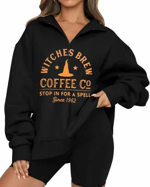 Halloween Sweatshirts for Women Witches Brew Sweatshirt Funny Spooky Season Sweatshirt Ghost Fall Sweater Pullover Tops