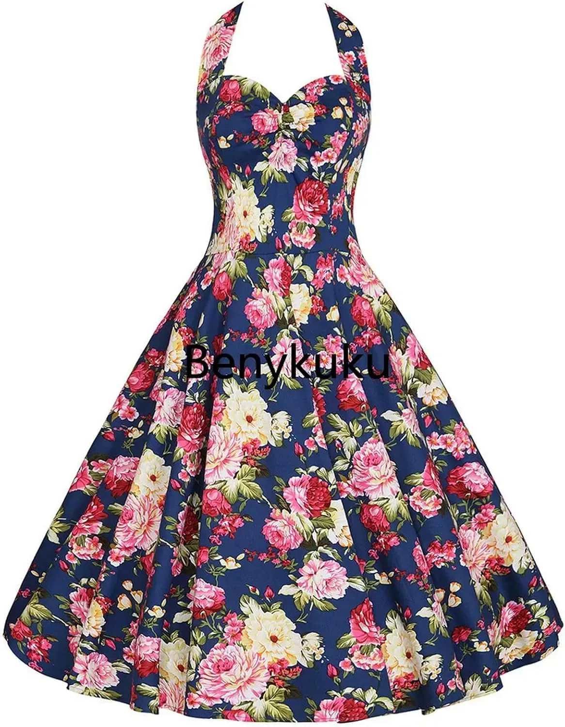 Halter Party Dress Retro Floral Print 50s 60s Pin Up Rockabilly Dress Cotton Plus Size Women Clothing