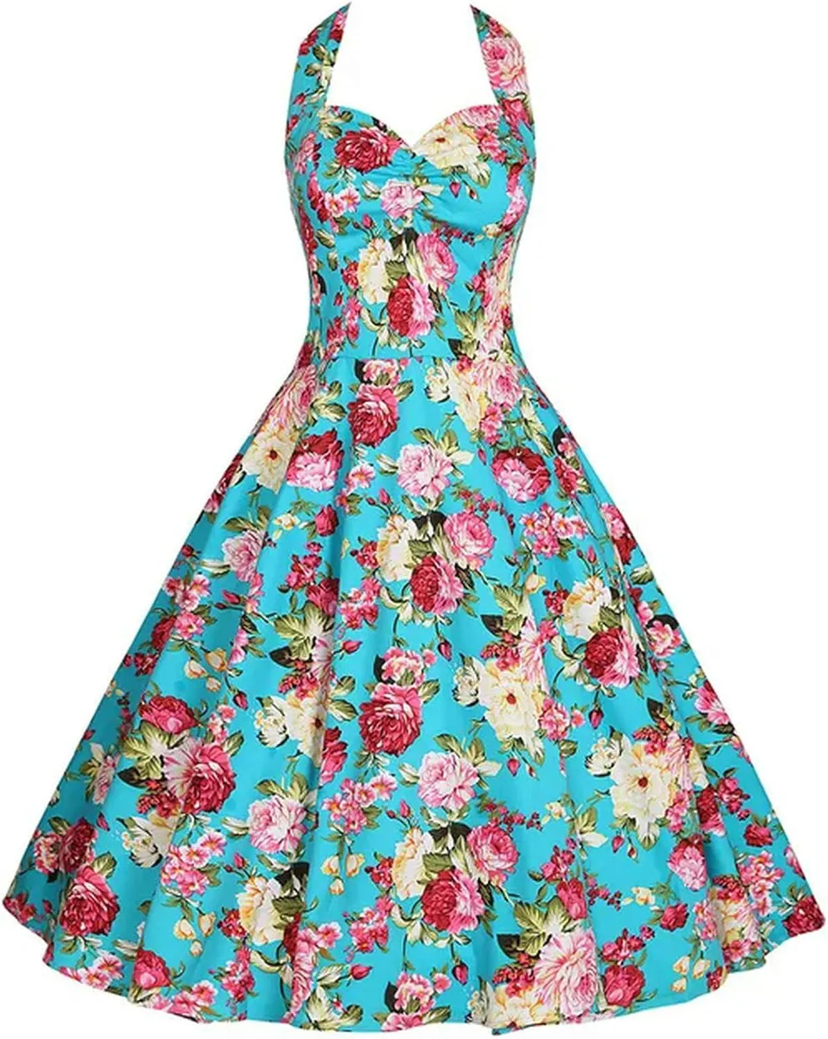 Halter Party Dress Retro Floral Print 50s 60s Pin Up Rockabilly Dress Cotton Plus Size Women Clothing