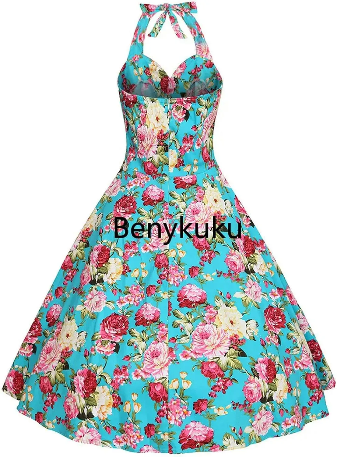 Halter Party Dress Retro Floral Print 50s 60s Pin Up Rockabilly Dress Cotton Plus Size Women Clothing