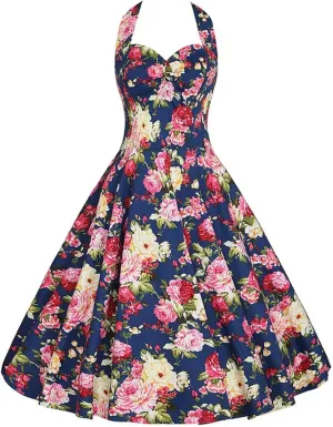 Halter Party Dress Retro Floral Print 50s 60s Pin Up Rockabilly Dress Cotton Plus Size Women Clothing