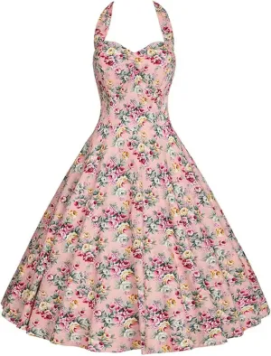 Halter Party Dress Retro Floral Print 50s 60s Pin Up Rockabilly Dress Cotton Plus Size Women Clothing