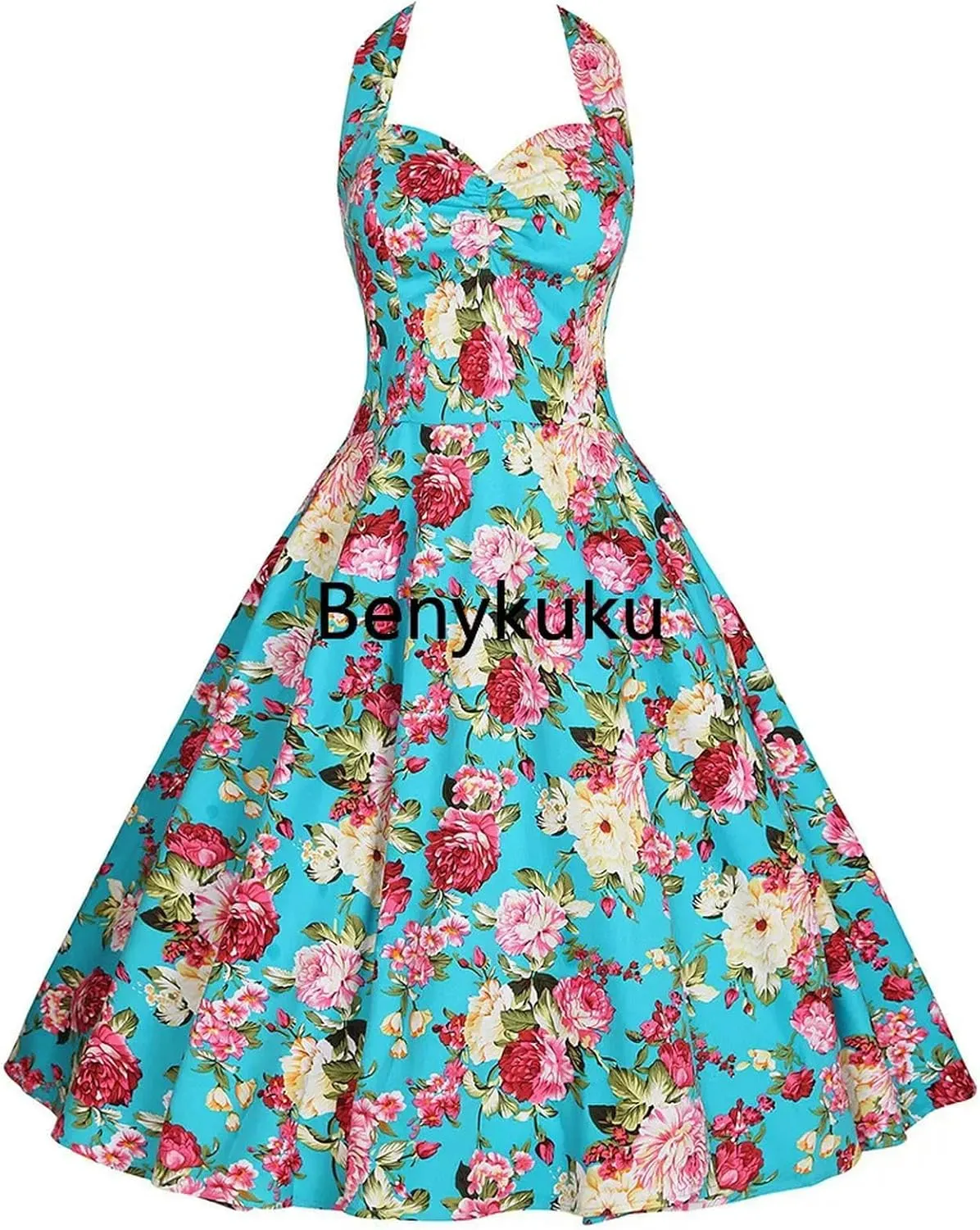 Halter Party Dress Retro Floral Print 50s 60s Pin Up Rockabilly Dress Cotton Plus Size Women Clothing