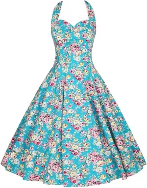 Halter Party Dress Retro Floral Print 50s 60s Pin Up Rockabilly Dress Cotton Plus Size Women Clothing