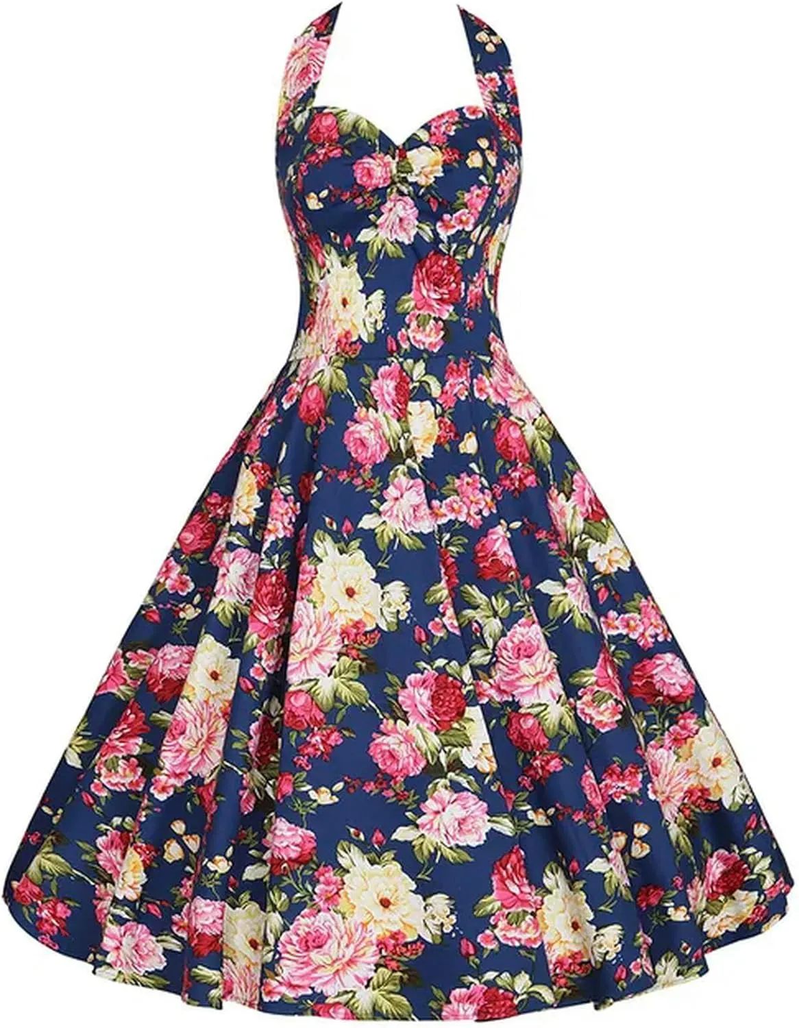 Halter Party Dress Retro Floral Print 50s 60s Pin Up Rockabilly Dress Cotton Plus Size Women Clothing