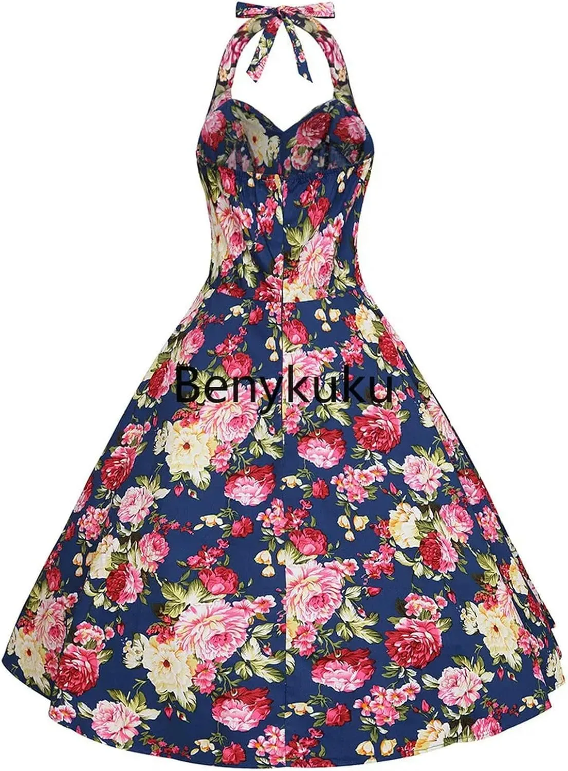 Halter Party Dress Retro Floral Print 50s 60s Pin Up Rockabilly Dress Cotton Plus Size Women Clothing