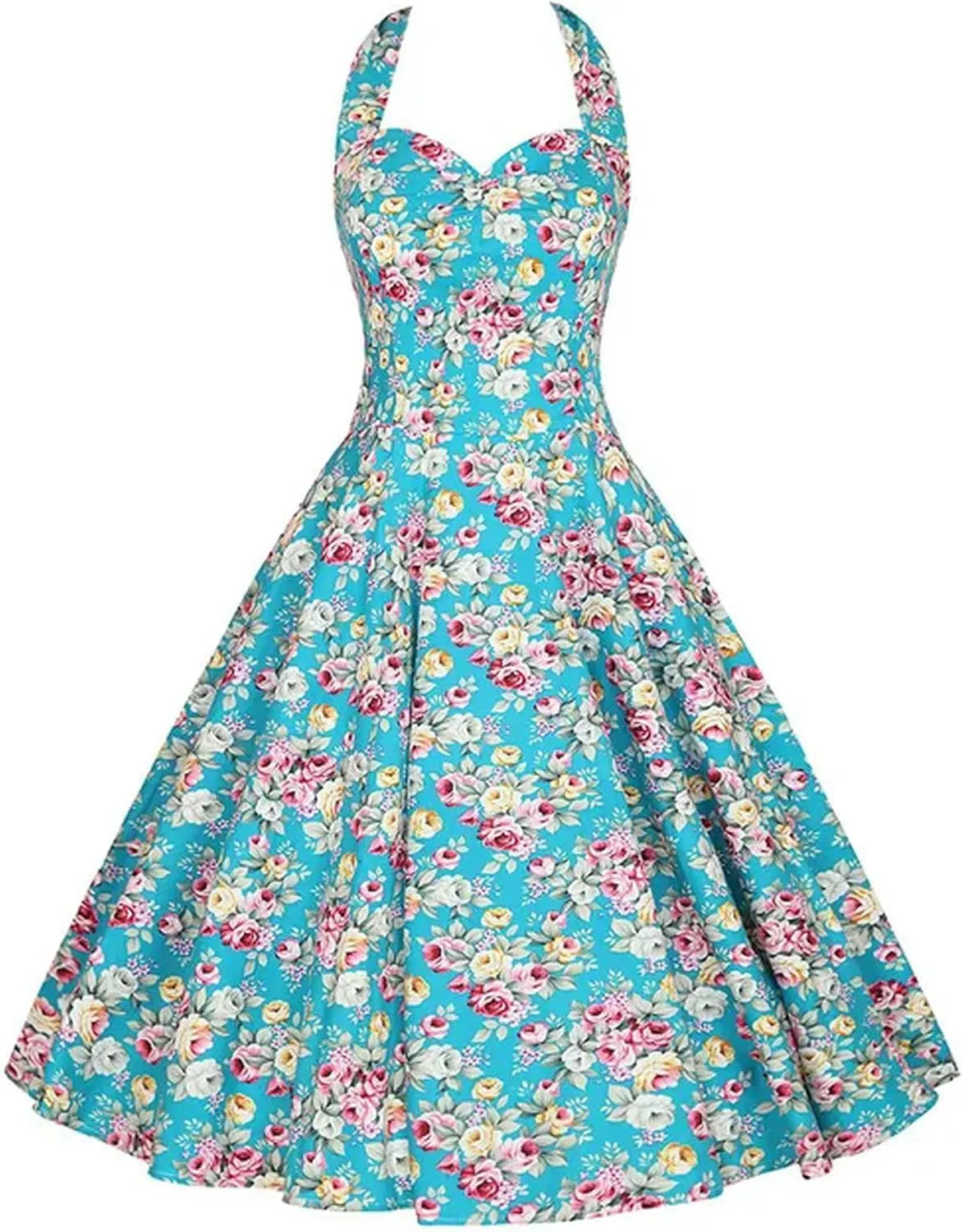 Halter Party Dress Retro Floral Print 50s 60s Pin Up Rockabilly Dress Cotton Plus Size Women Clothing