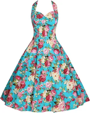 Halter Party Dress Retro Floral Print 50s 60s Pin Up Rockabilly Dress Cotton Plus Size Women Clothing