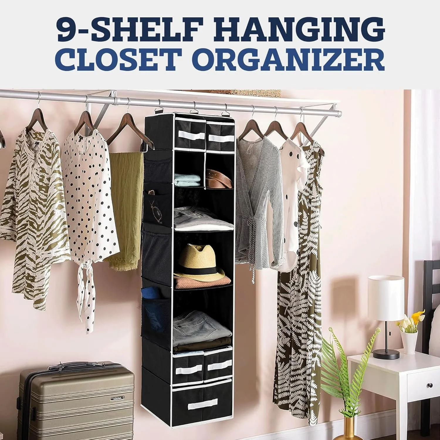 Hanging Closet Organizer 9 Shelf with 5 Drawers