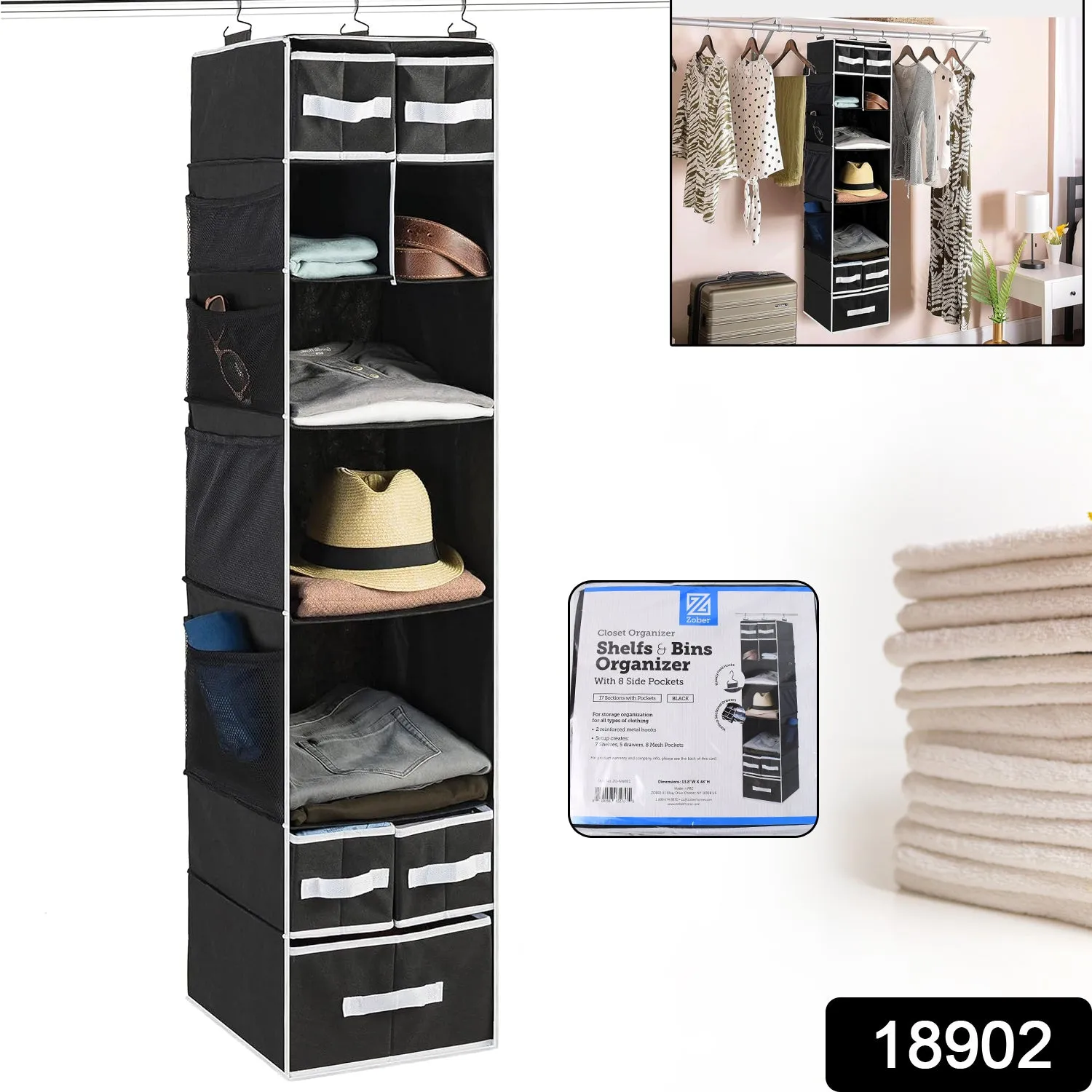 Hanging Closet Organizer 9 Shelf with 5 Drawers