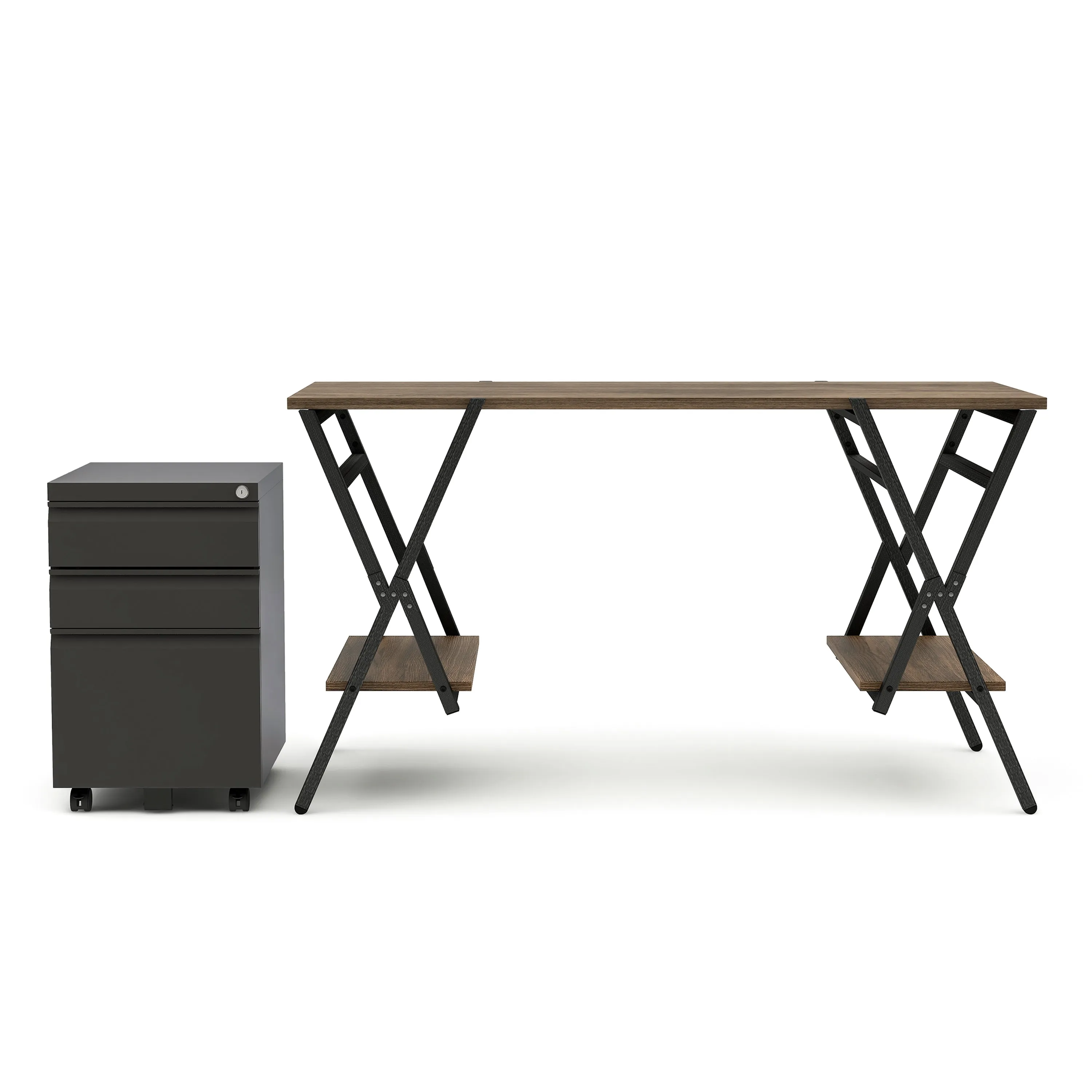 Harvey Rustic Oak Computer Desk & Gunmetal File Pedestal Office Set