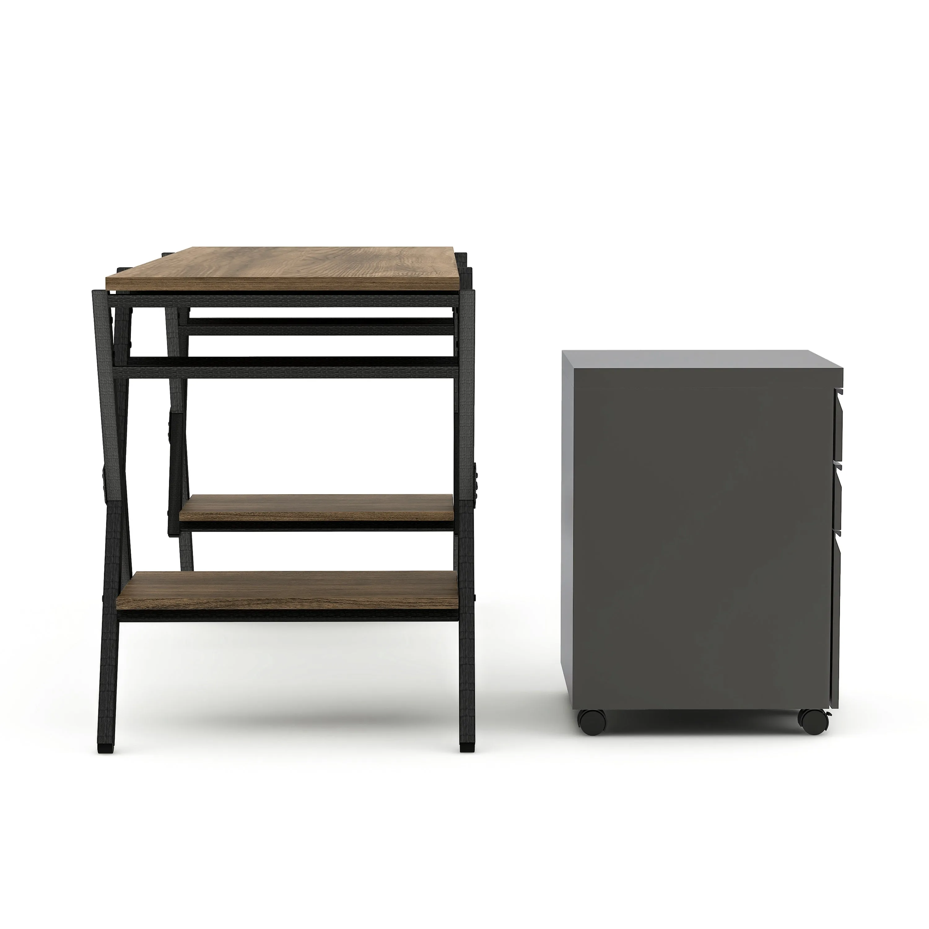 Harvey Rustic Oak Computer Desk & Gunmetal File Pedestal Office Set