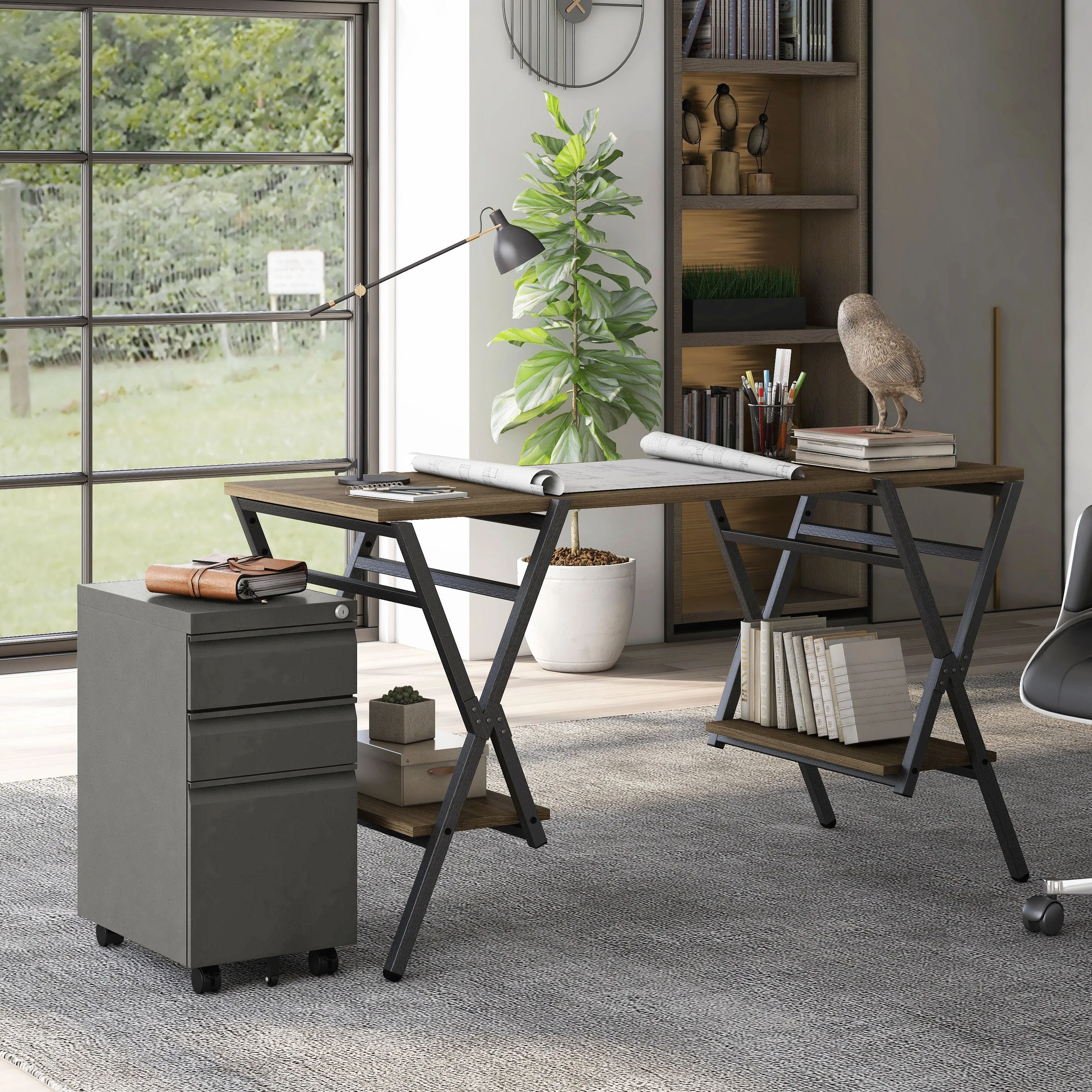 Harvey Rustic Oak Computer Desk & Gunmetal File Pedestal Office Set
