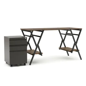Harvey Rustic Oak Computer Desk & Gunmetal File Pedestal Office Set