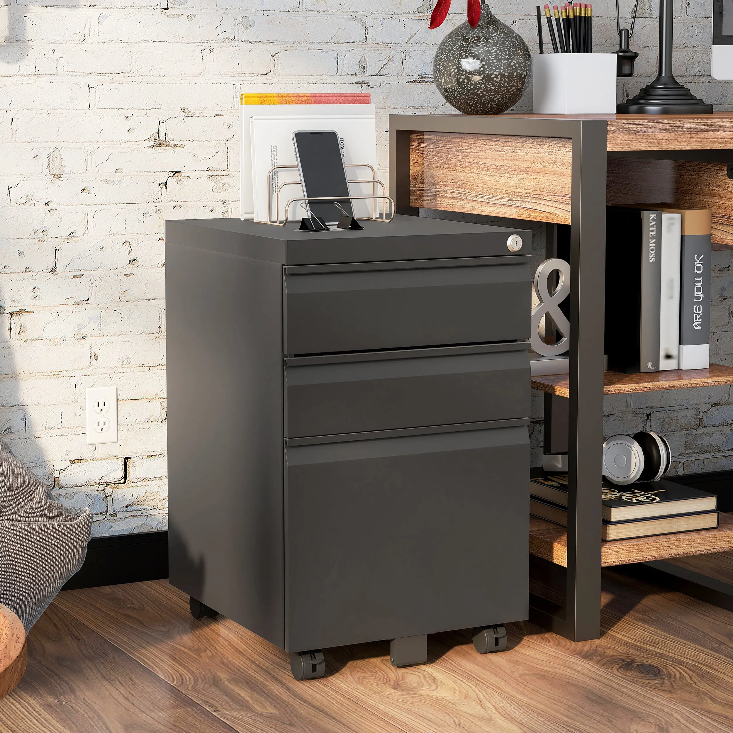 Harvey Rustic Oak Computer Desk & Gunmetal File Pedestal Office Set