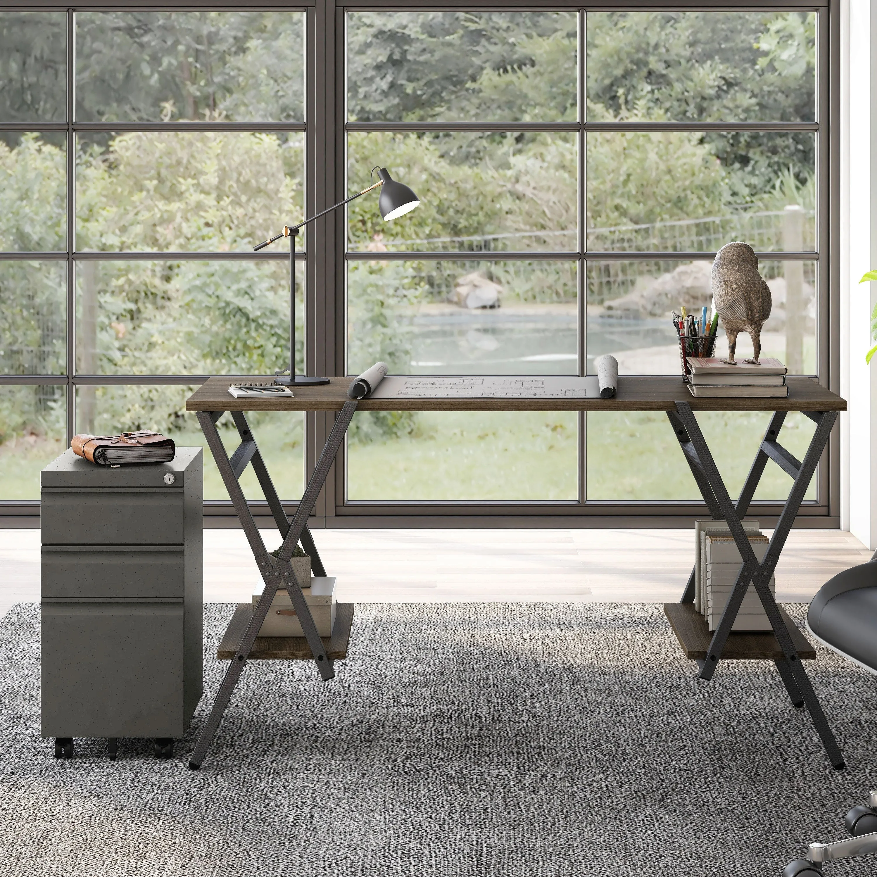 Harvey Rustic Oak Computer Desk & Gunmetal File Pedestal Office Set