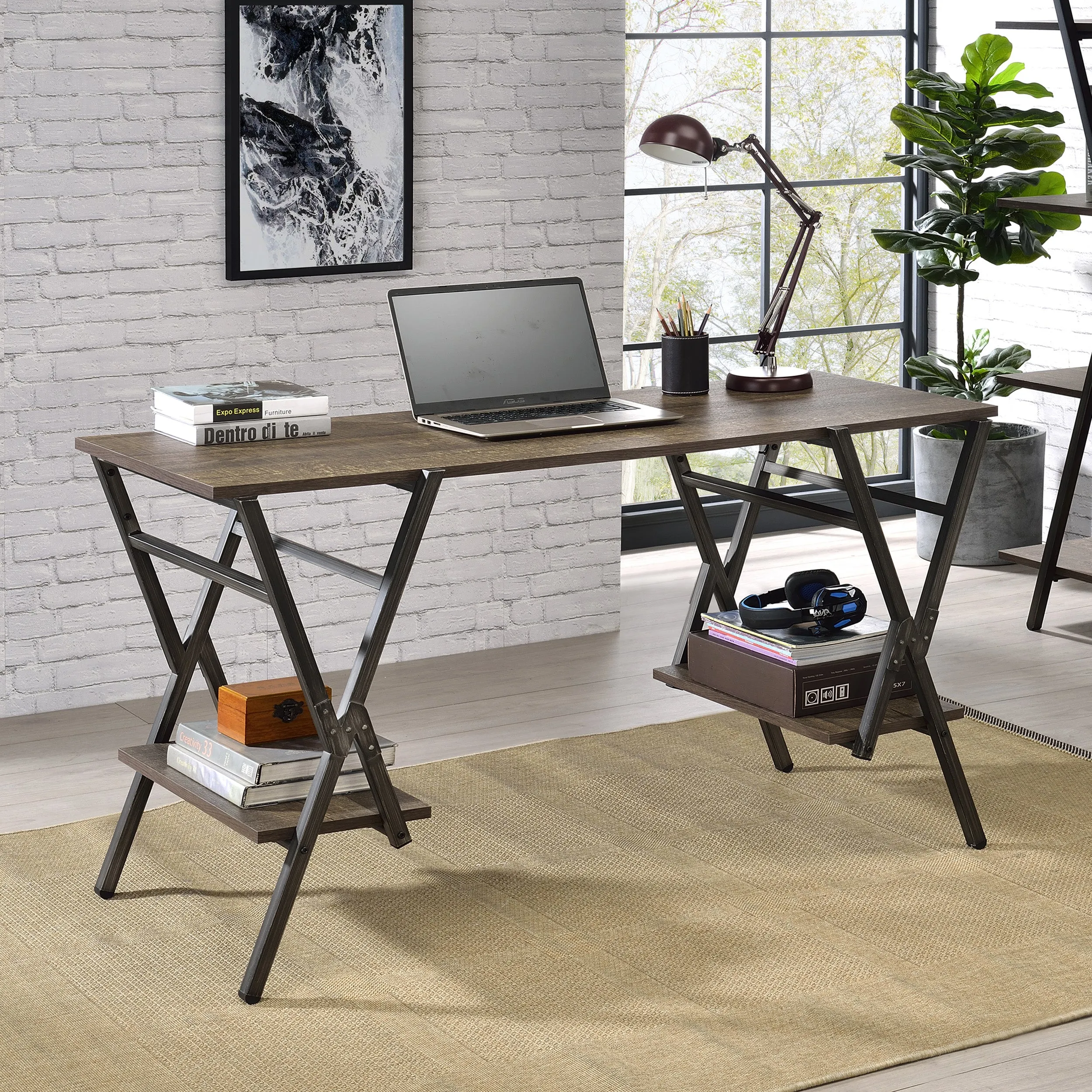 Harvey Rustic Oak Computer Desk & Gunmetal File Pedestal Office Set