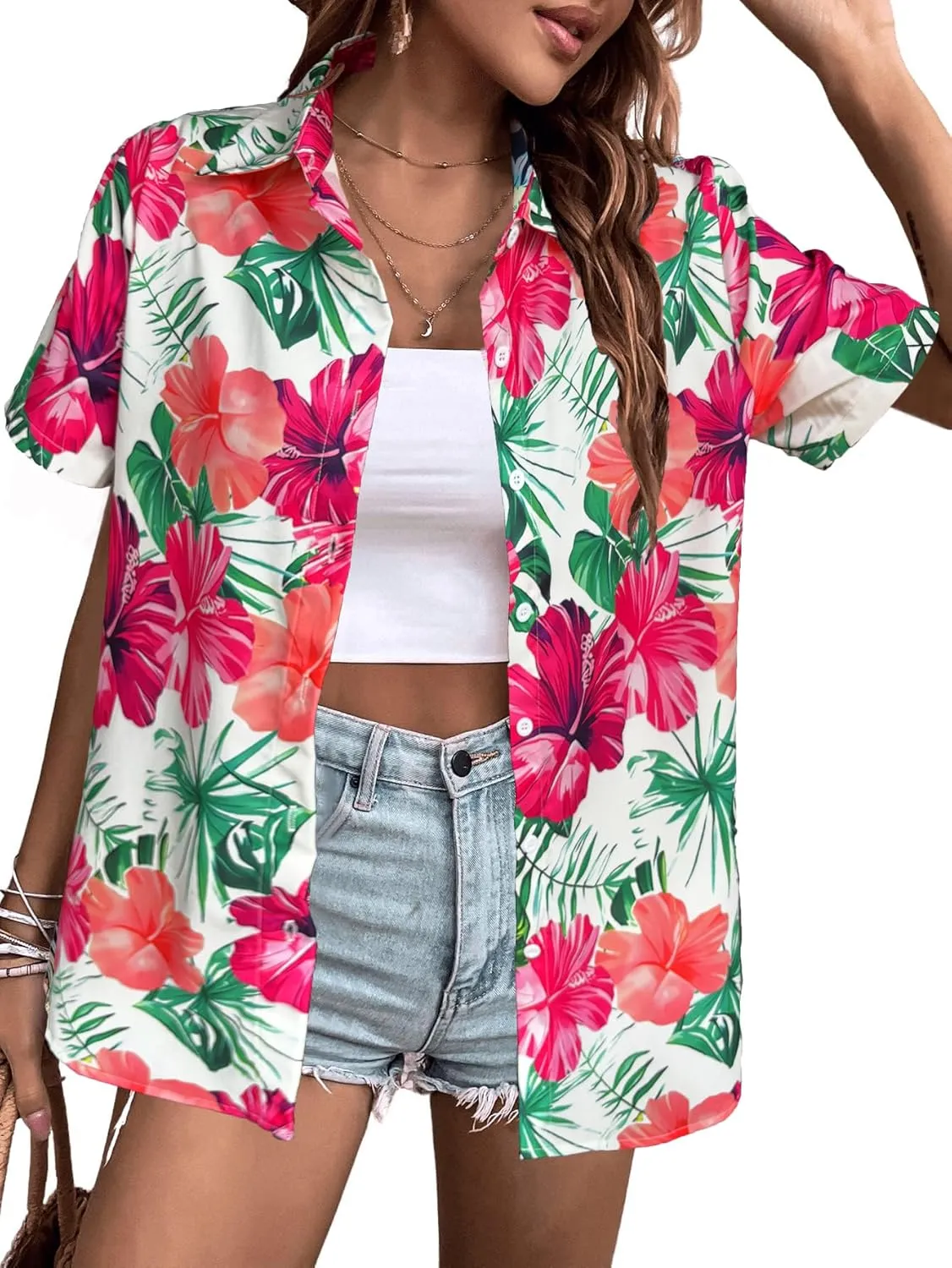 Hawaiian Shirts Women Hawaii Tshirt Cool Floral Tropic Print Graphic Tees Tops Button Up Summer Vacation Shirt