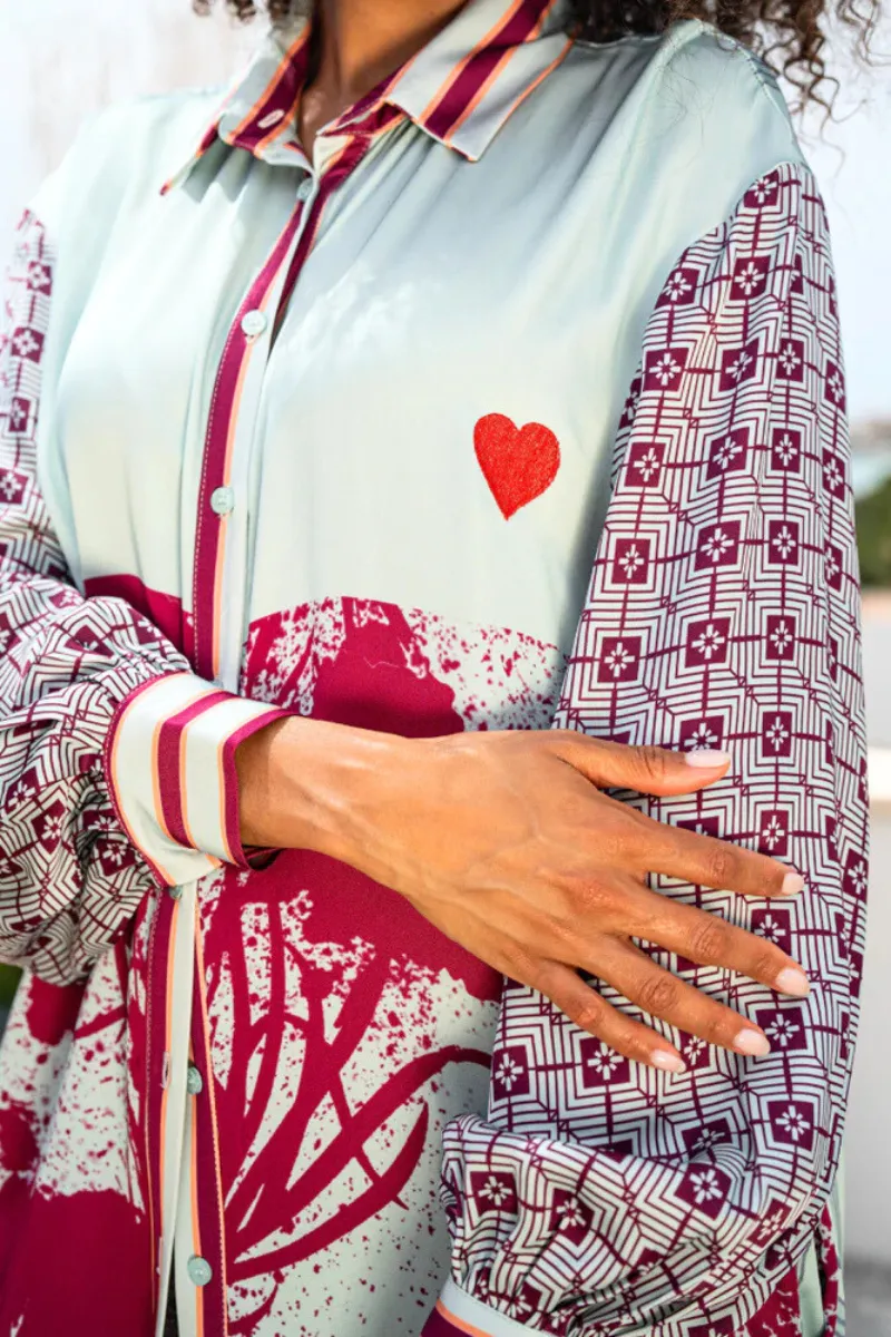 Heart Stitching Light Blue & Berry Shirt Dress By Miss Goodlife
