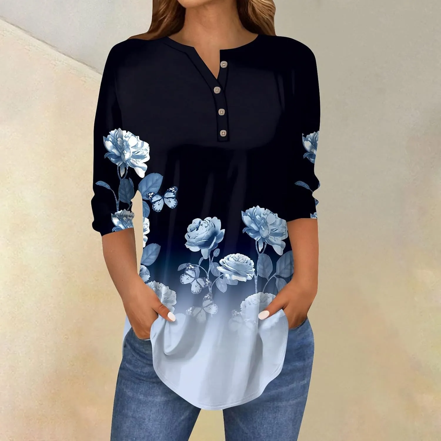 Henley Summer Shirts 3/4 Length Sleeve Womens Tops Vintage Print Casual Trendy Loose Fit 2025 Tunic Blouses
