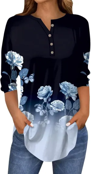 Henley Summer Shirts 3/4 Length Sleeve Womens Tops Vintage Print Casual Trendy Loose Fit 2025 Tunic Blouses