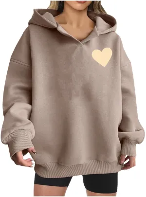 HGps8w Oversized Hoodies for Women Cute Heart Print Tops Loose Pullover Casual Long Sleeve Drop Shoulder Hooded Sweatshirt