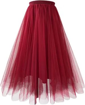 HGps8w Women's A-Line Fairy Elastic Waist Tulle Midi Skirt Elegant Multilayer Mesh Lace Tulle Tutu Skirts for Dance Party