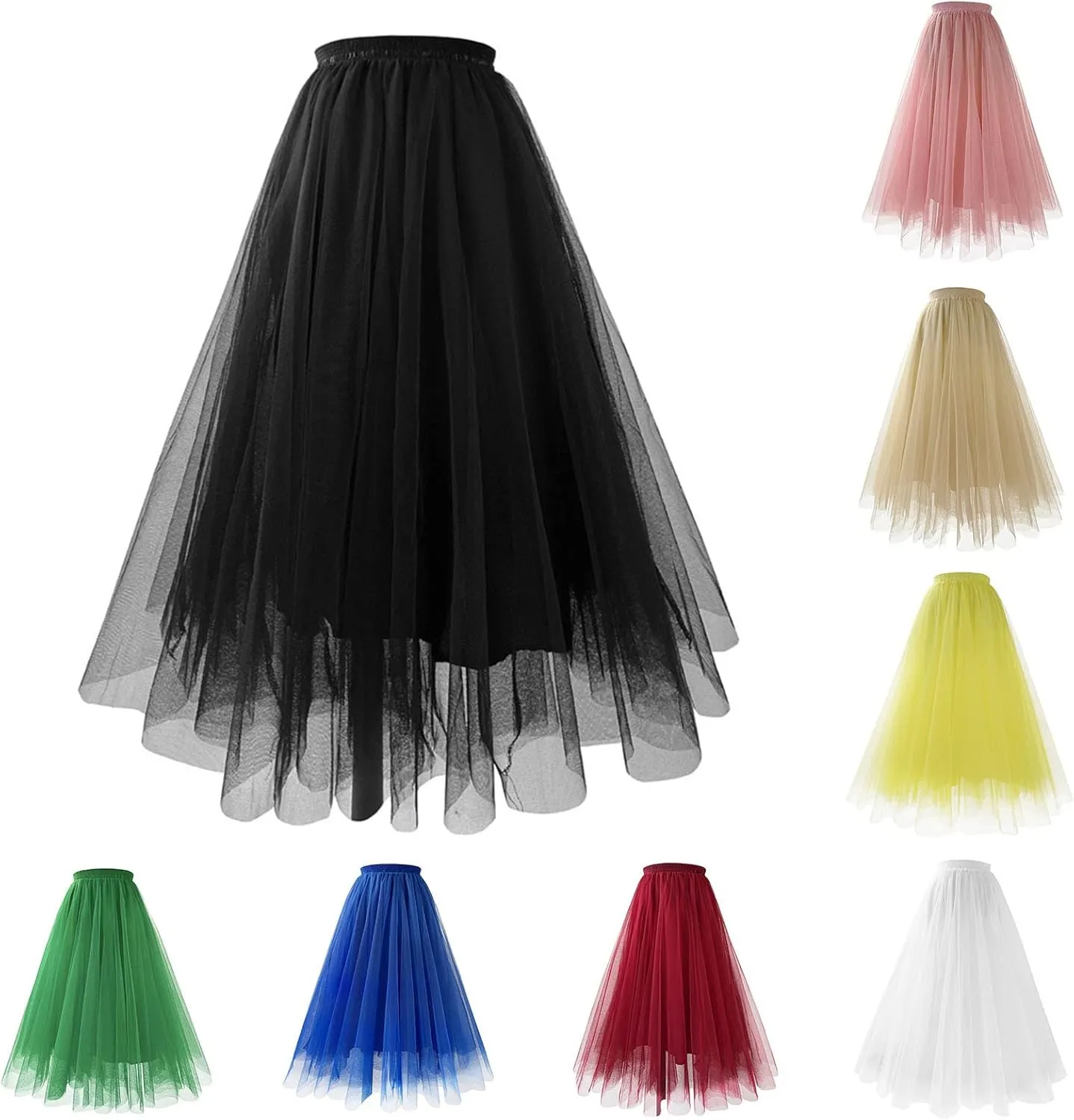 HGps8w Women's A-Line Fairy Elastic Waist Tulle Midi Skirt Elegant Multilayer Mesh Lace Tulle Tutu Skirts for Dance Party