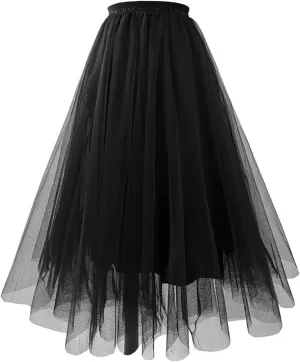 HGps8w Women's A-Line Fairy Elastic Waist Tulle Midi Skirt Elegant Multilayer Mesh Lace Tulle Tutu Skirts for Dance Party