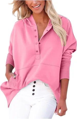 HGps8w Women's Half Button Oversized Hoodies, Casual Long Sleeve Loose Pullover Hooded Sweatshirt Trendy Tunic Blouses