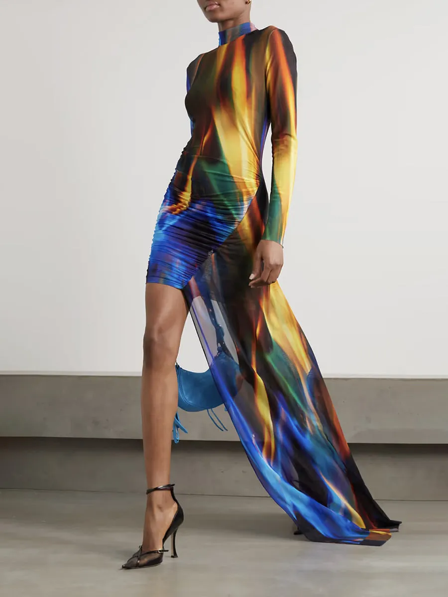 High Collar Long Sleeve Irregular Floor-Length Women's Shibori Tie-Dye Maxi Dress