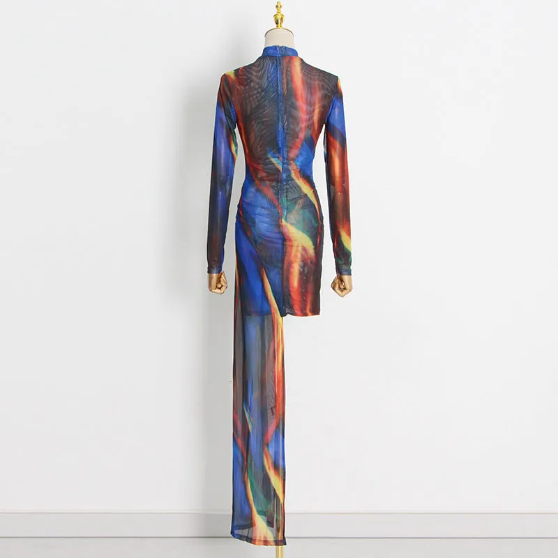 High Collar Long Sleeve Irregular Floor-Length Women's Shibori Tie-Dye Maxi Dress
