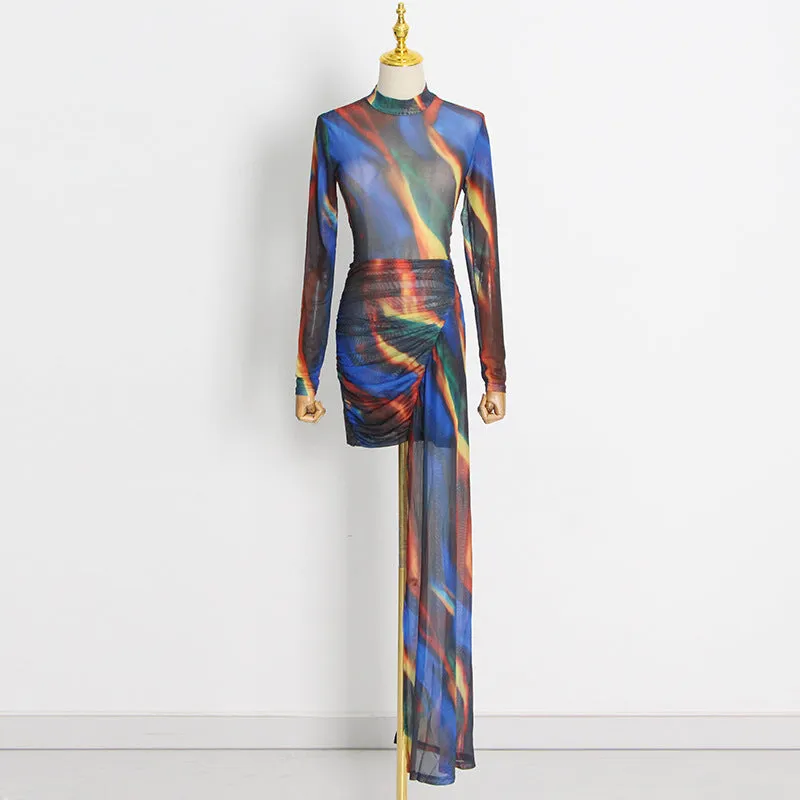 High Collar Long Sleeve Irregular Floor-Length Women's Shibori Tie-Dye Maxi Dress