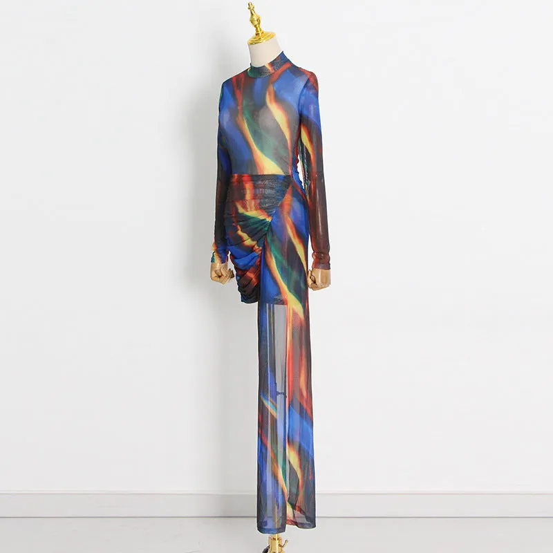 High Collar Long Sleeve Irregular Floor-Length Women's Shibori Tie-Dye Maxi Dress
